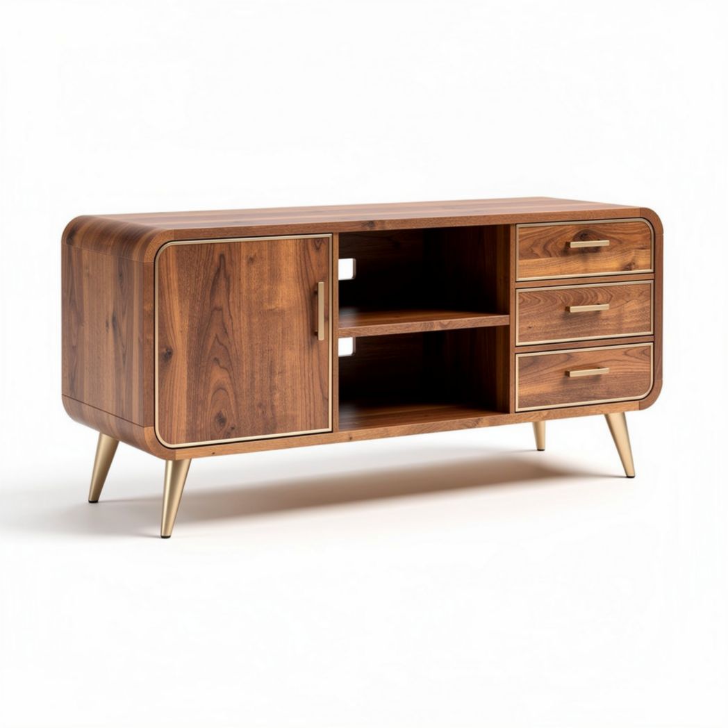Houten tv-meubel met drie lades en deur in walnootkleur 150 x 40 x 70cm