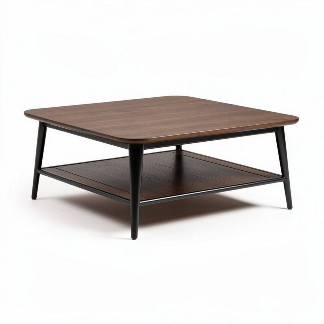 Salontafel van hout met metalen onderstel en opbergrek 100 x 100 x 40cm