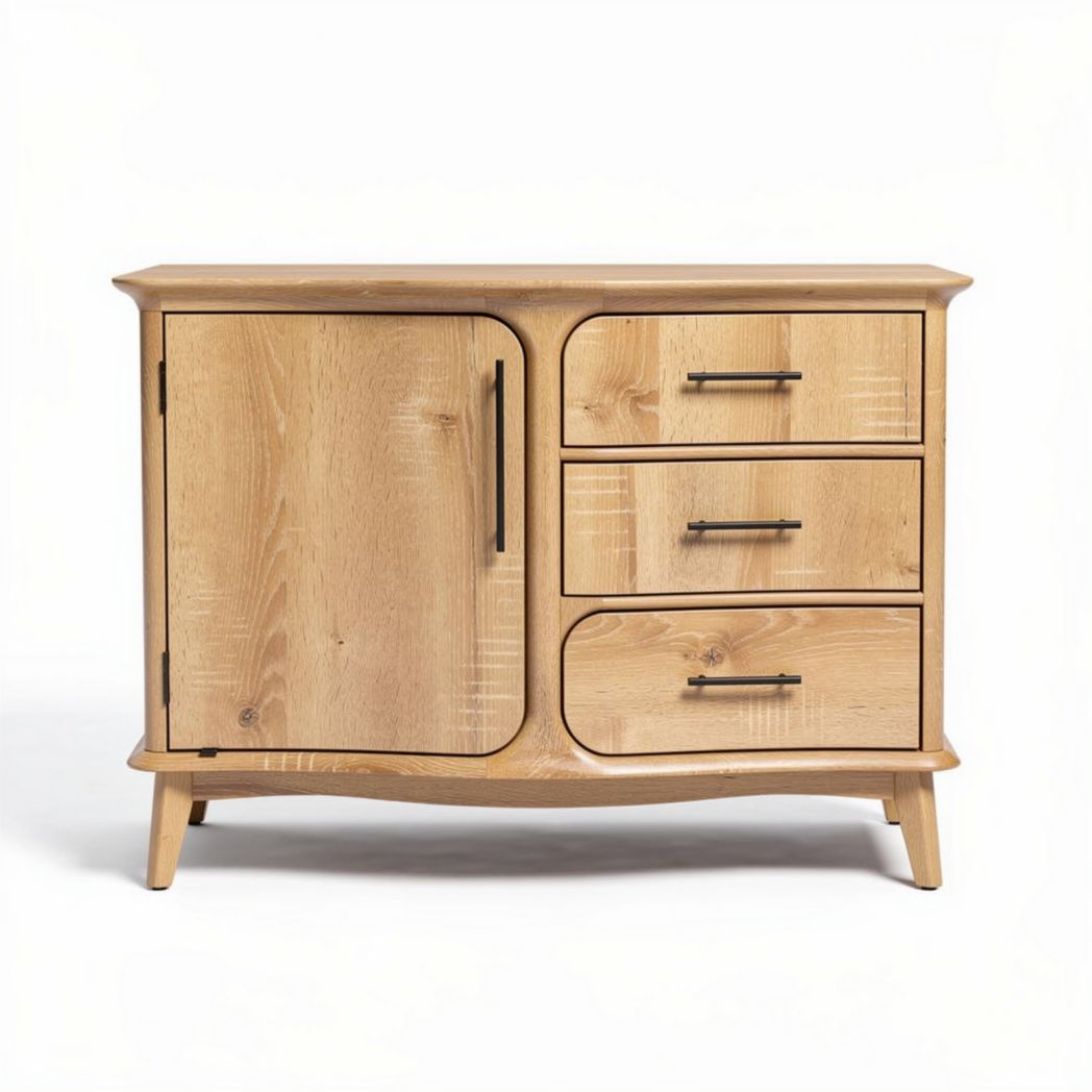Dressoir van natuurlijk hout met drie lades en één deur 90 x 40 x 75cm