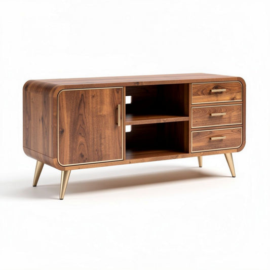 Houten tv-meubel met drie lades en deur in walnootkleur 150 x 40 x 70cm