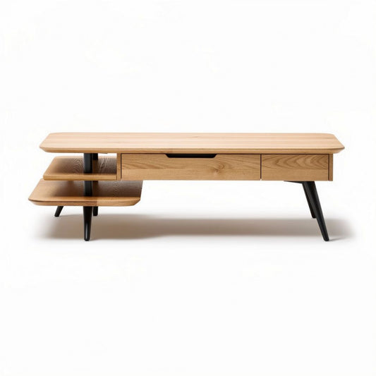Eikenhouten salontafel met zwarte poten en opberglade 120 x 60 x 40cm