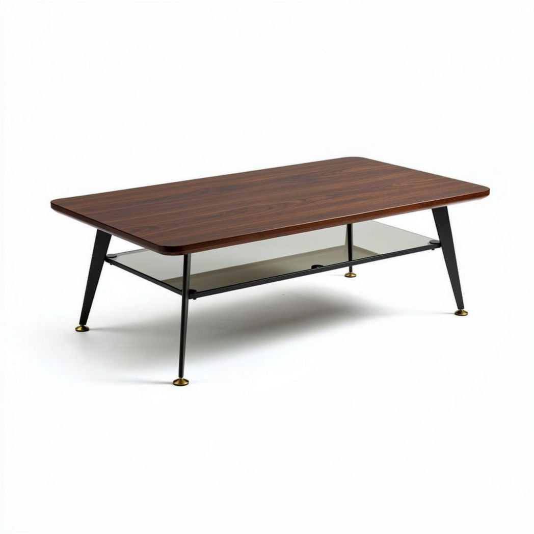 Luxe houten salontafel met glazen onderblad en metalen poten 120 x 60 x 45cm