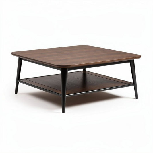 Salontafel van hout met metalen onderstel en opbergrek 100 x 100 x 40cm