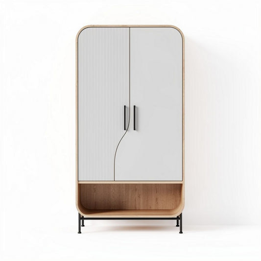 Kast van gelamineerd hout met witte deuren en zwart metalen handgrepen 90 x 50 x 160cm
